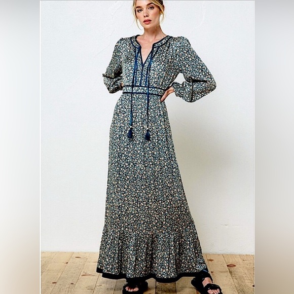 Listicle Dresses & Skirts - Boho Floral Maxi Dress | Teal Emerald Long Sleeve Ruffle Hem Tassel Dress